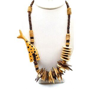 Vintage Tribal Statement Bib Necklace, Folk Art Wood Safari with Offset Giraffe